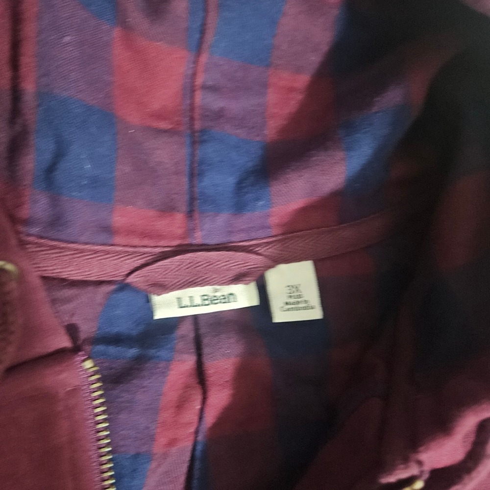 LL Bean Mens 3X Plus Flannel Lined Full Zip Hoodie Burgundy Plaid Hooded Jacket - Picture 7 of 7